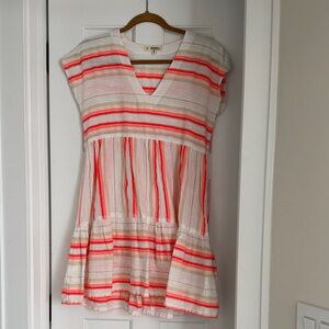 Lemlem V-Neck Mini Dress - Coral and White